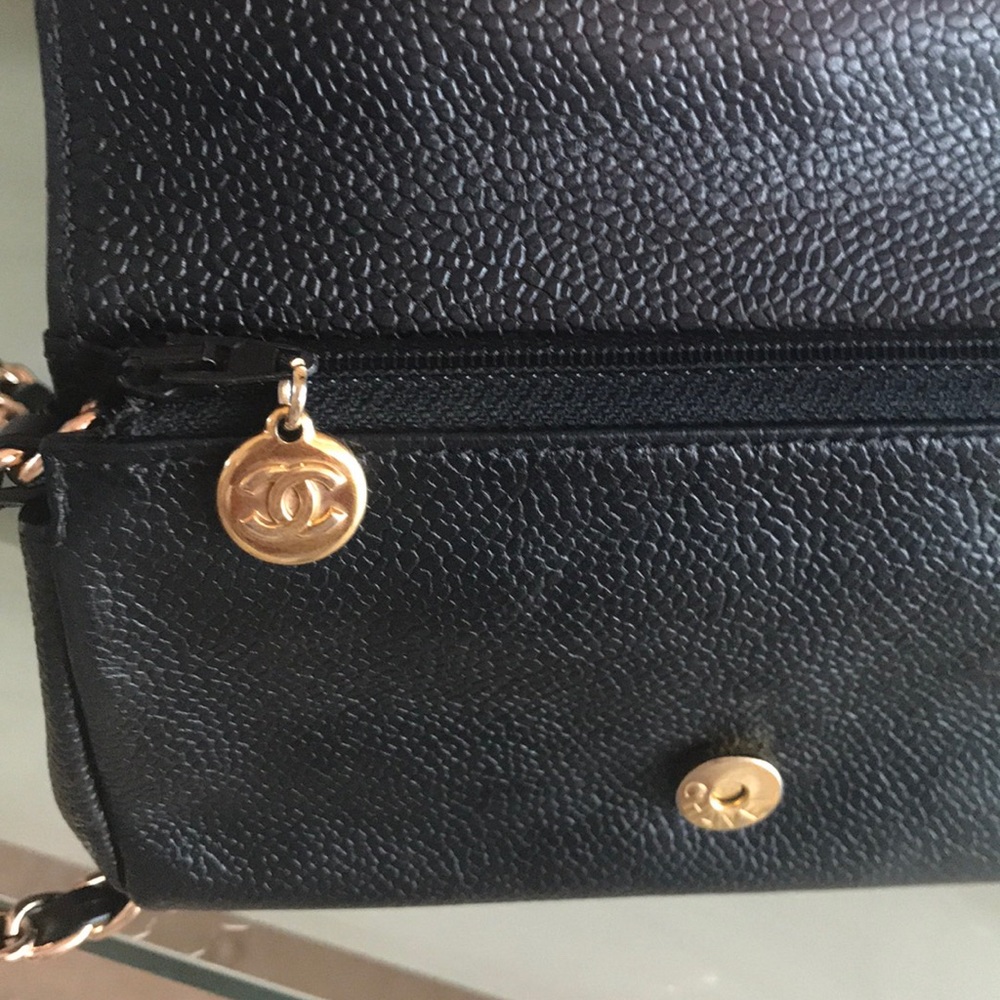 CHANEL Black Quilted CC Logo Caviar pouch-modified with added chain holes - Picture 7 of 8